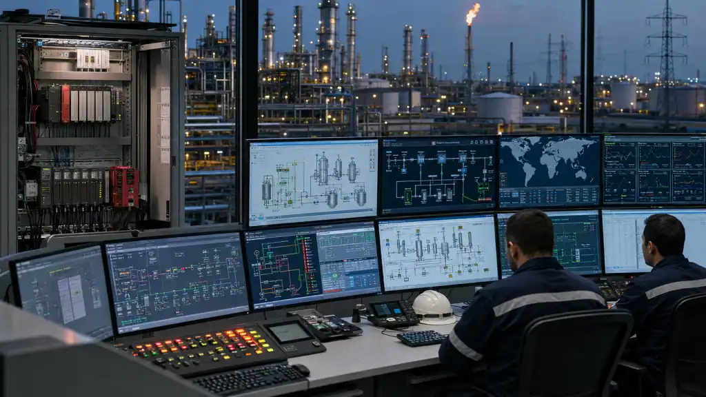 Control room with multiple monitors overseeing petrochemical plant operations.