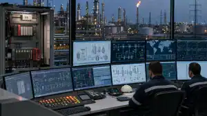 Control room with multiple monitors overseeing petrochemical plant operations.
