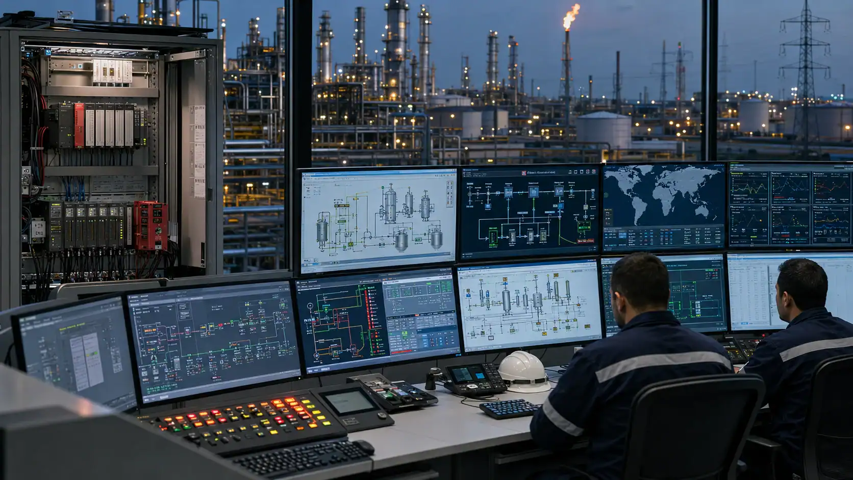 Control room with multiple monitors overseeing petrochemical plant operations.
