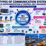 Types of Communication Systems in Instrumentation and Control Engineering including Analog, Digital, Serial, Fieldbus, Industrial Ethernet, Wireless, SCADA, Telemetry, Fiber Optic, IEC 61850 and Safety Communication Systems.