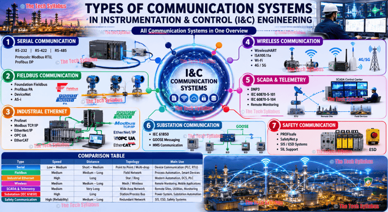 Types of Communication Systems in Instrumentation and Control Engineering including Analog, Digital, Serial, Fieldbus, Industrial Ethernet, Wireless, SCADA, Telemetry, Fiber Optic, IEC 61850 and Safety Communication Systems.