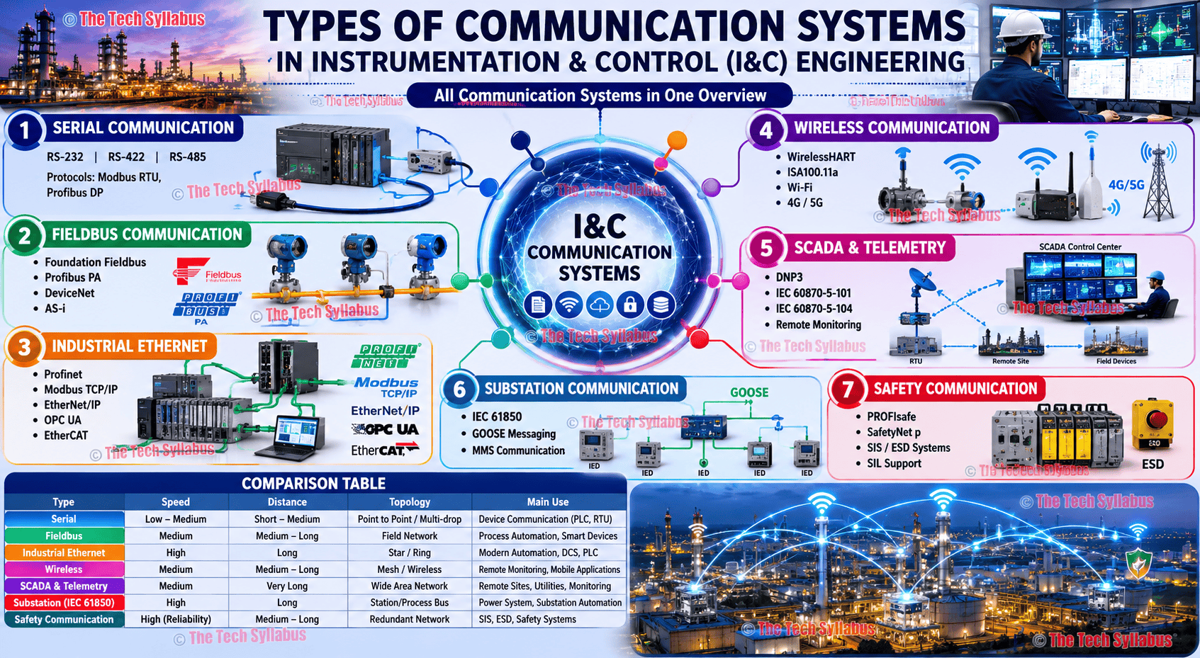 Types of Communication Systems in Instrumentation and Control Engineering including Analog, Digital, Serial, Fieldbus, Industrial Ethernet, Wireless, SCADA, Telemetry, Fiber Optic, IEC 61850 and Safety Communication Systems.