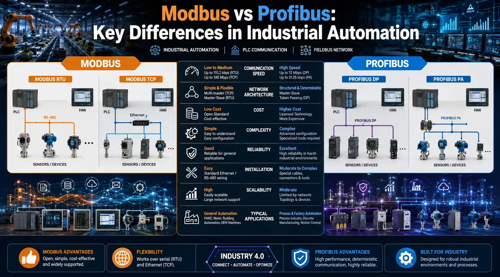 Modbus vs Profibus industrial automation comparison