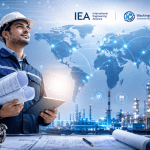 Engineer with blueprint and digital world map for IEA recognition.