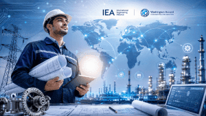 Engineer with blueprint and digital world map for IEA recognition.