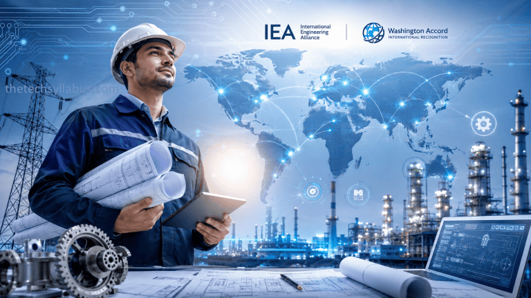 Engineer with blueprint and digital world map for IEA recognition.