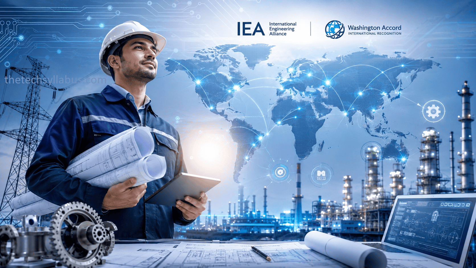 Engineer with blueprint and digital world map for IEA recognition.