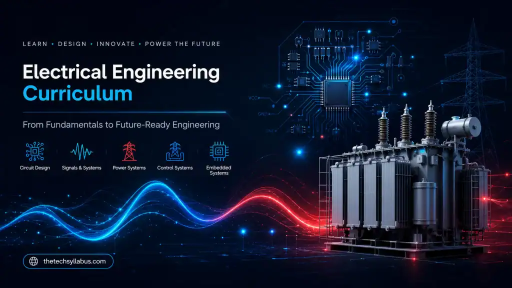 Electrical engineering curriculum with digital circuit and power system graphics.