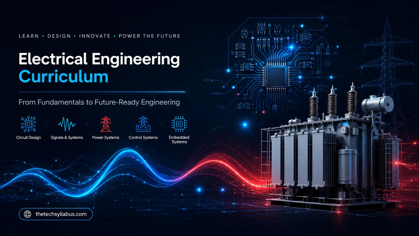 Electrical engineering curriculum with digital circuit and power system graphics.