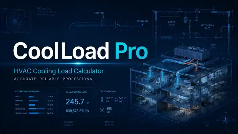 CoolLoad Pro HVAC cooling load calculator interface with data and graphics.