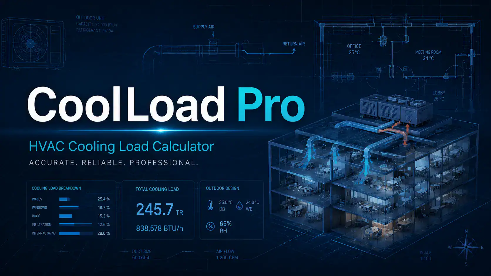CoolLoad Pro HVAC cooling load calculator interface with data and graphics.
