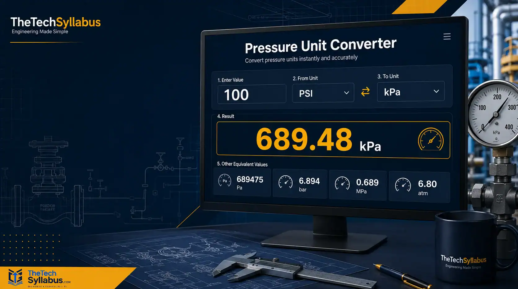 Pressure Unit Converter engineering calculator converting PSI to kPa using The Tech Syllabus engineering tools.