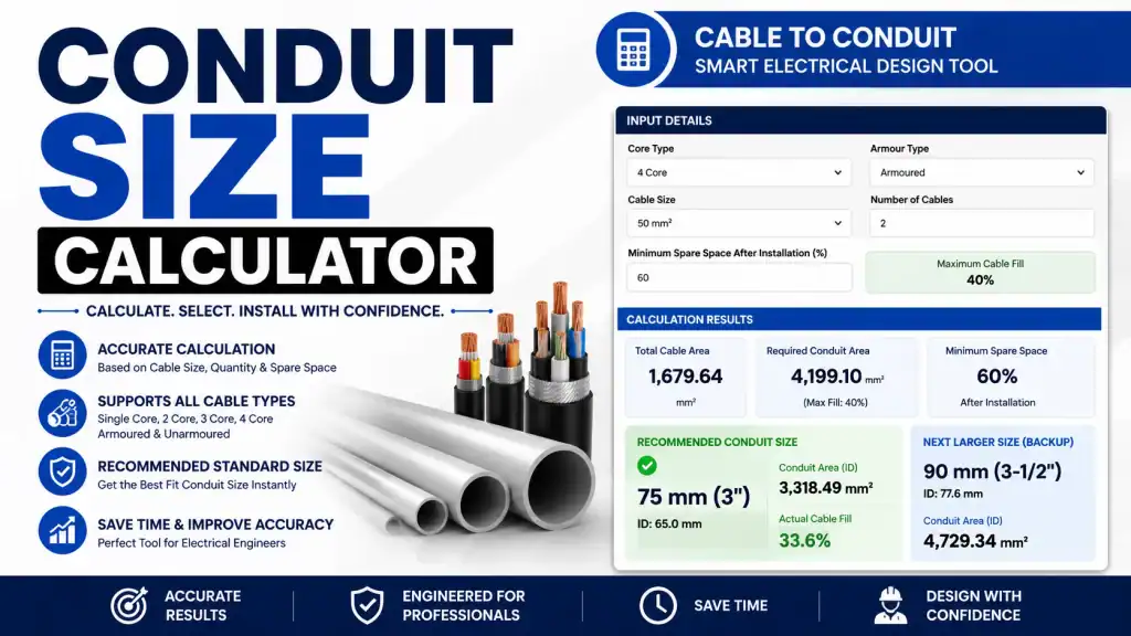 Conduit size calculator for electrical wiring with input details and results.