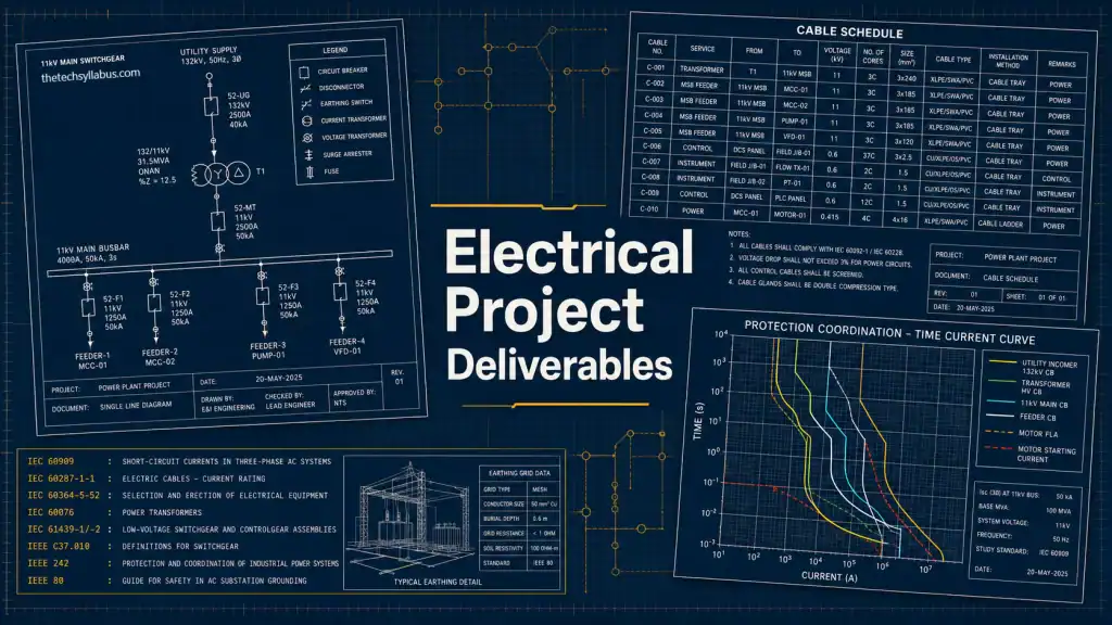 Electrical project deliverables document register showing single line diagram, cable schedule, and protection coordination study for design companies