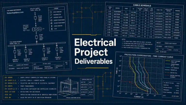 Electrical project deliverables document register showing single line diagram, cable schedule, and protection coordination study for design companies