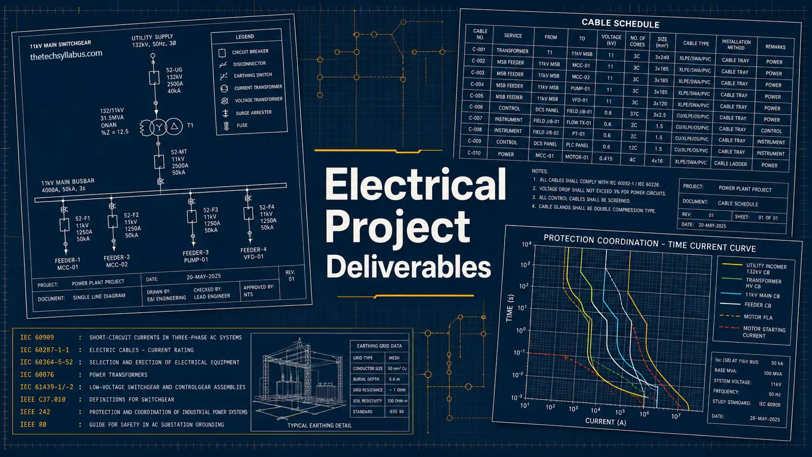 Electrical project deliverables document register showing single line diagram, cable schedule, and protection coordination study for design companies